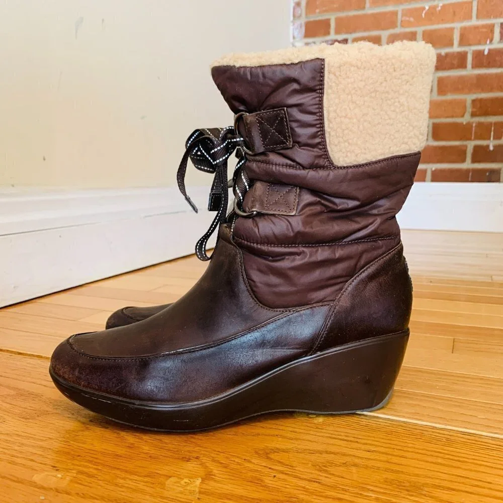 Sperry Snug Harbor Wedge Winter Boots Womens Size 10 M Brown Leather Faux Fur